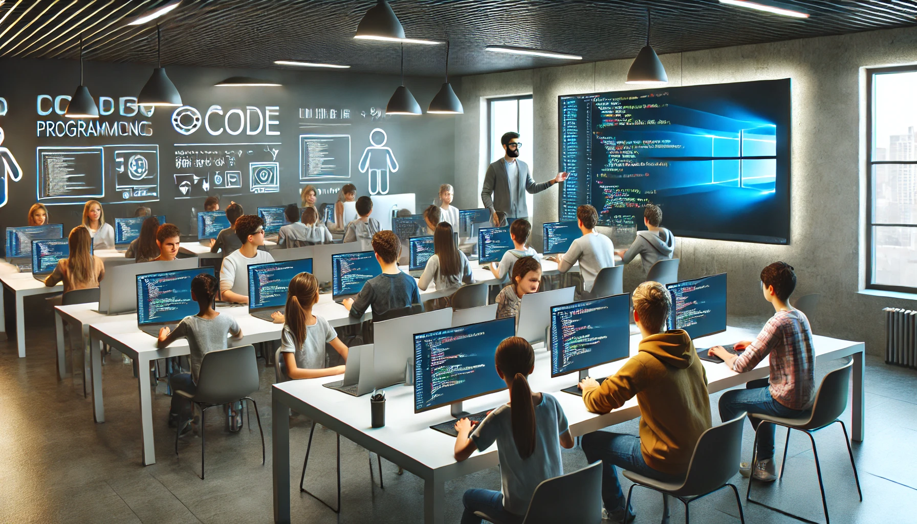 A class on coding, showing students or programming concepts